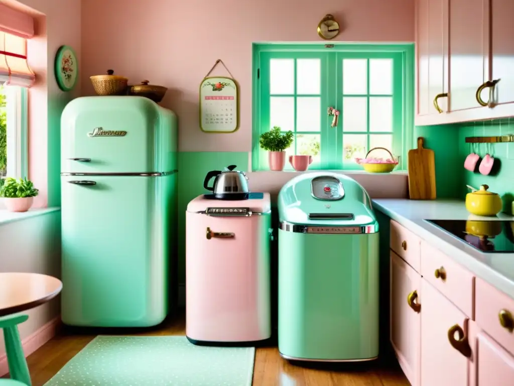 Cocina retro encantadora con electrodomésticos pastel y decoración vintage Un acogedor y encantador rincón de la cocina con electrodomésticos estilo retro, guía compra
