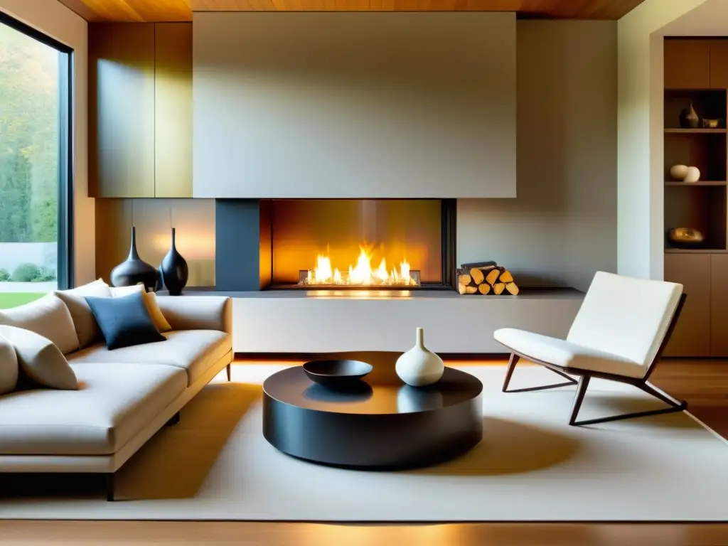 Sala de estar acogedora con chimenea moderna Acogedora sala con chimenea moderna, emitiendo una cálida luz y creando un ambiente contemporáneo e invitador, perfecto para relajarse