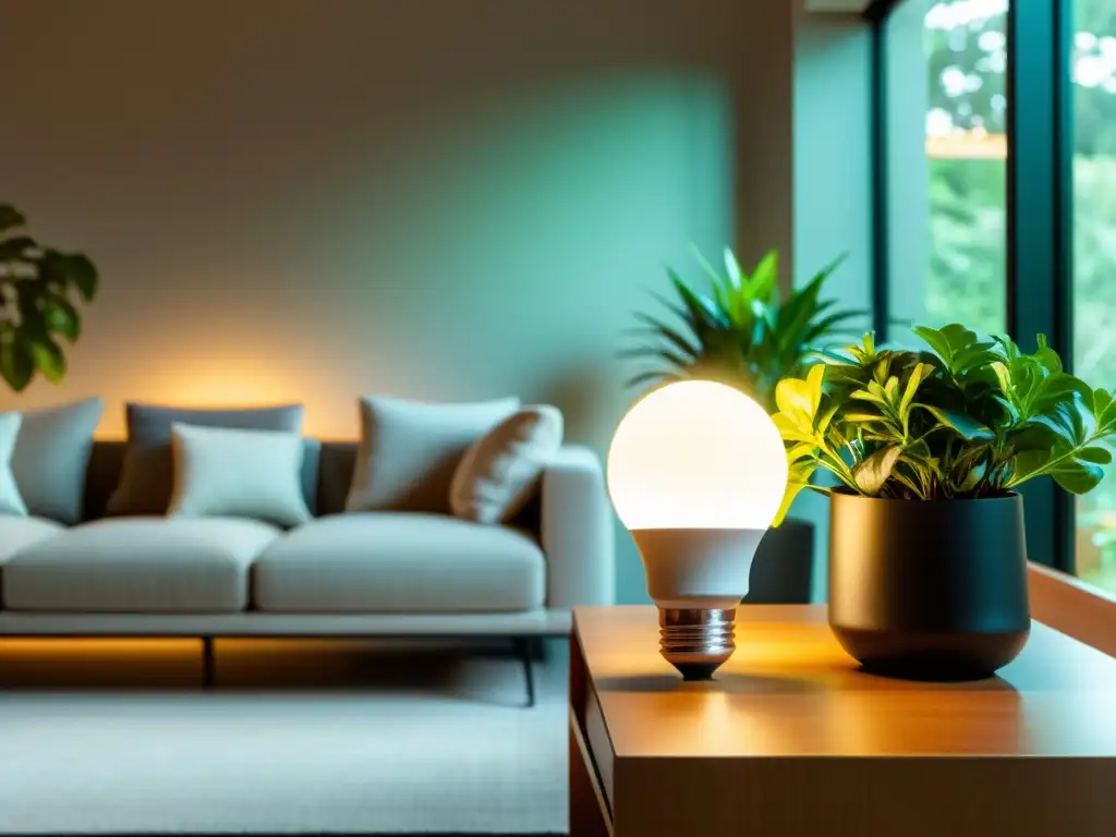 Smart light bulb ilumina sala moderna Acogedora sala iluminada por una bombilla inteligente TUV, creando un ambiente cálido y moderno con control intuitivo desde tu smartphone