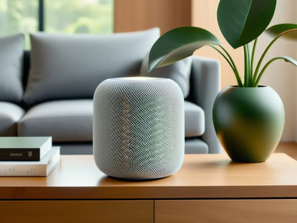 Salón moderno con Apple HomePod y luz natural Acogedora sala con el Apple HomePod en mesa de madera