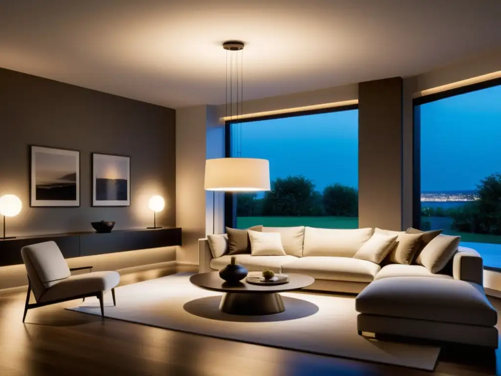 Sala moderna con iluminación inteligente controlada por Alexa Una acogedora sala moderna iluminada por dispositivos compatibles con Alexa para hogar inteligente, creando un ambiente cálido y sofisticado
