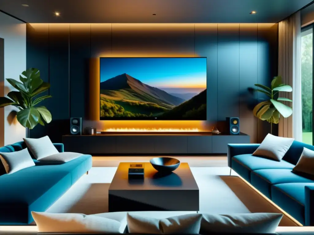 Sala de estar moderna con sistema de entretenimiento de última generación Acogedora sala con sistema de entretenimiento de alta tecnología, ideal para reuniones familiares y noches de cine
