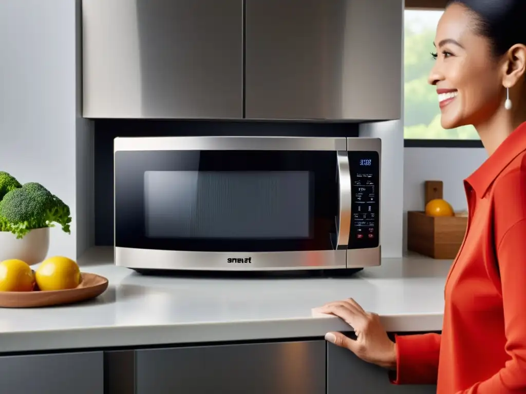 Persona mayor dominando el moderno microondas inteligente con voz Un adulto mayor usa con confianza un moderno microondas inteligente, con opciones de accesibilidad, en una cocina contemporánea bien iluminada