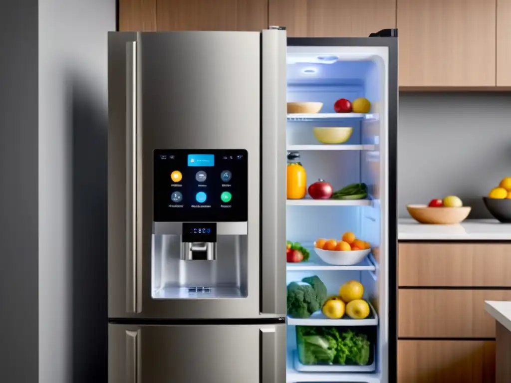 Persona mayor disfruta de la nevera inteligente con pantalla táctil Un adulto mayor sonriente usa un refrigerador inteligente con pantalla táctil, organizando la despensa y planeando comidas