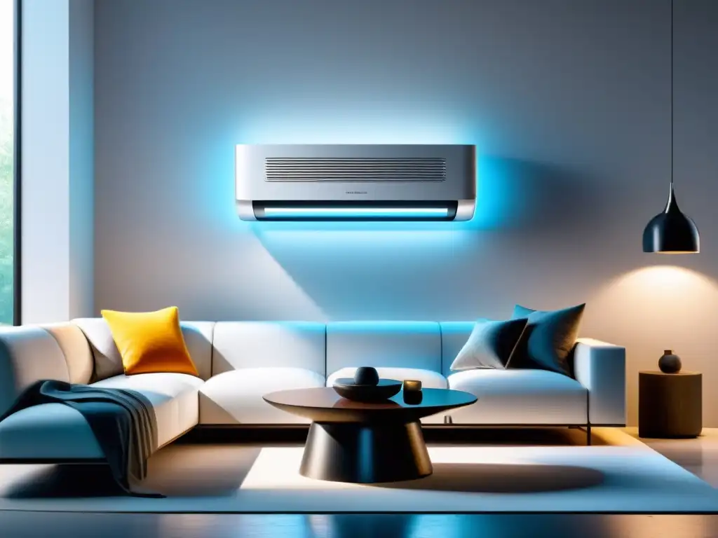 Unidad de aire acondicionado moderna con iluminación LED personalizable en sala minimalista Un aire acondicionado moderno con iluminación LED personalizable en un ambiente minimalista