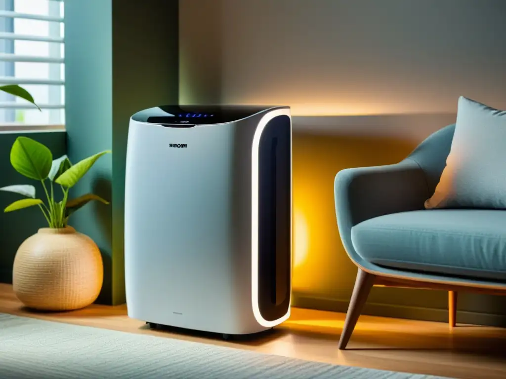 Aire acondicionado portátil: confort moderno en un salón elegante Un aire acondicionado portátil moderno se destaca en un elegante salón, emitiendo una agradable luz y frescura