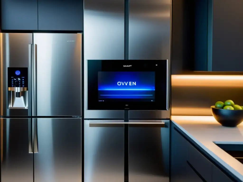 Cocina futurista con electrodomésticos inteligentes Un ambiente de cocina futurista con electrodomésticos inteligentes para cocina, iluminación ambiental y diseño moderno