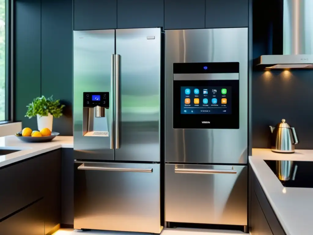 Cocina inteligente con electrodomésticos de alta tecnología Ambiente de cocina moderna con asistentes virtuales en electrodomésticos, integrando tecnología y sofisticación