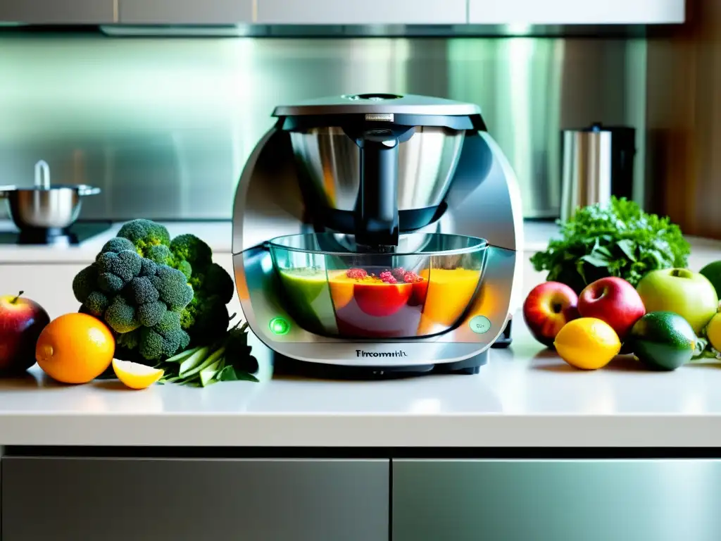 Moderna cocina con Thermomix TM6 y ingredientes frescos Un ambiente de cocina moderna con la Thermomix TM6 rodeada de ingredientes frescos y coloridos
