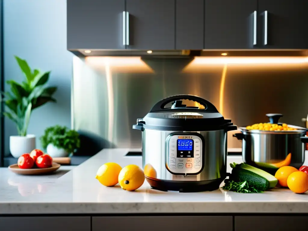 Instant Pot: Innovación culinaria en cocina moderna Un ambiente de cocina moderno con el innovador Instant Pot como punto focal y un análisis completo del gadget de cocina