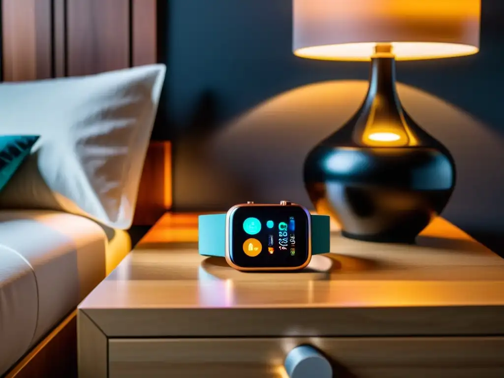 Integración futurista: Smartwatch, smartphone y hogar inteligente Un ambiente futurista y acogedor con un reloj inteligente y dispositivos inteligentes en un moderno hogar