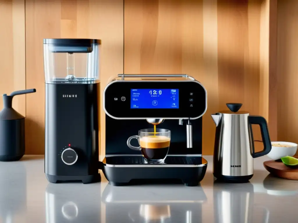 Un ambiente futurista de cocina con innovaciones electrodomésticos para hogar, incluyendo una elegante máquina de espresso, un tostador inteligente y un potente licuadora, iluminados por luces suaves y ambientales