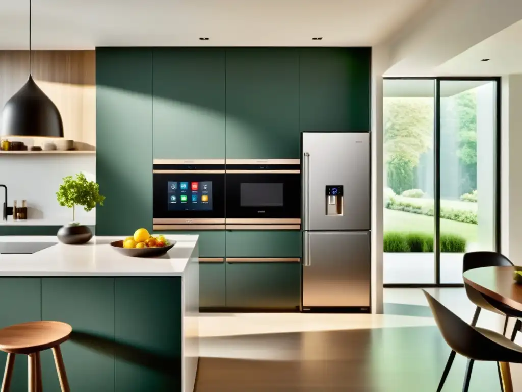 Cocina futurista con electrodomésticos inteligentes Un ambiente futurista en una cocina moderna con electrodomésticos con reconocimiento de voz integrado