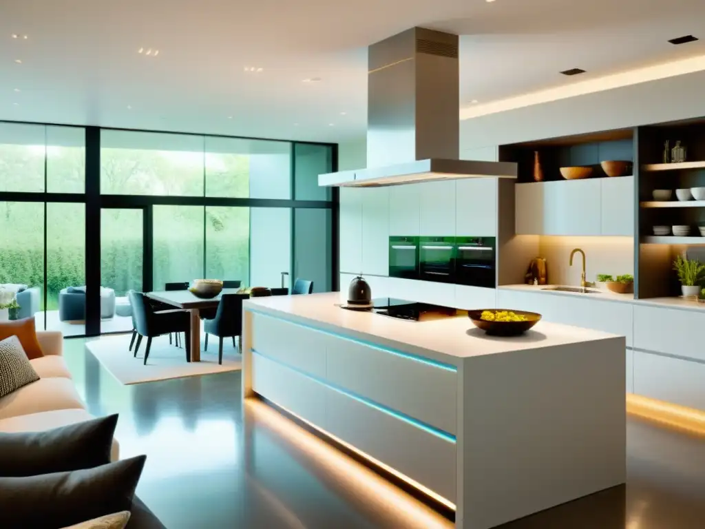 Un ambiente social y moderno con electrodomésticos para vida social, amigos riendo alrededor de una isla de cocina con iluminación LED integrada