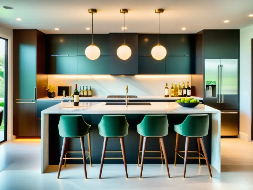 Amigos disfrutan de bebidas en una cocina moderna con electrodomésticos para vida social, mientras el anfitrión prepara aperitivos