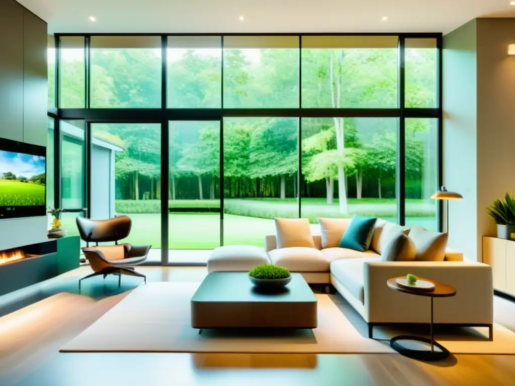 Hogar inteligente para ancianos: comodidad y tecnología Amplio salón luminoso en hogar inteligente para la tercera edad, con tecnología avanzada y diseño acogedor
