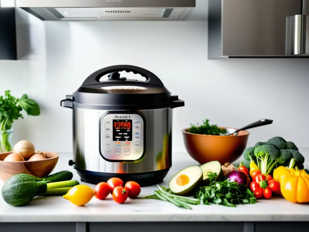 Cocina moderna con Instant Pot y ingredientes frescos Análisis completo Instant Pot gadget cocina: Encimera moderna con Instant Pot rodeado de ingredientes frescos y coloridos en pequeños recipientes