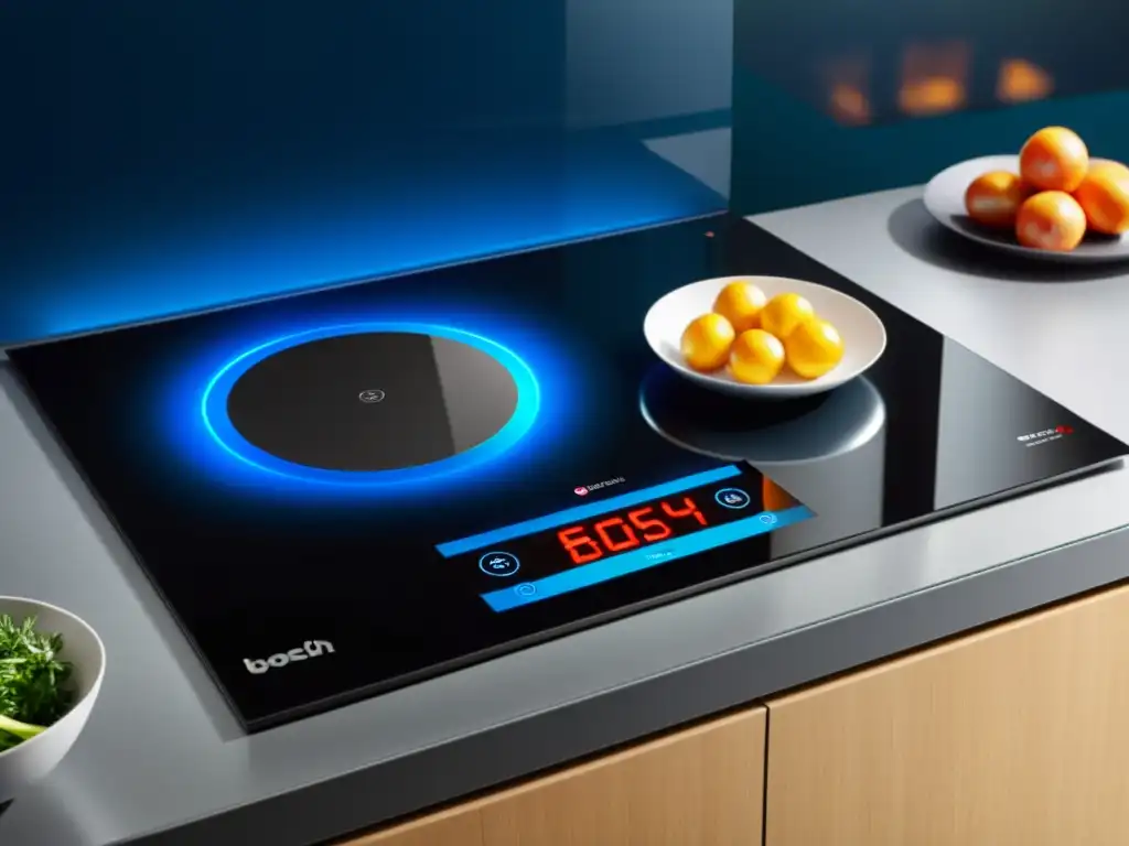 Inducción Bosch Serie 8 PID775DC1E en acción Un análisis detallado de la placa de inducción Bosch Serie 8 PID775DC1E en acción, con diseño moderno y luces LED azules