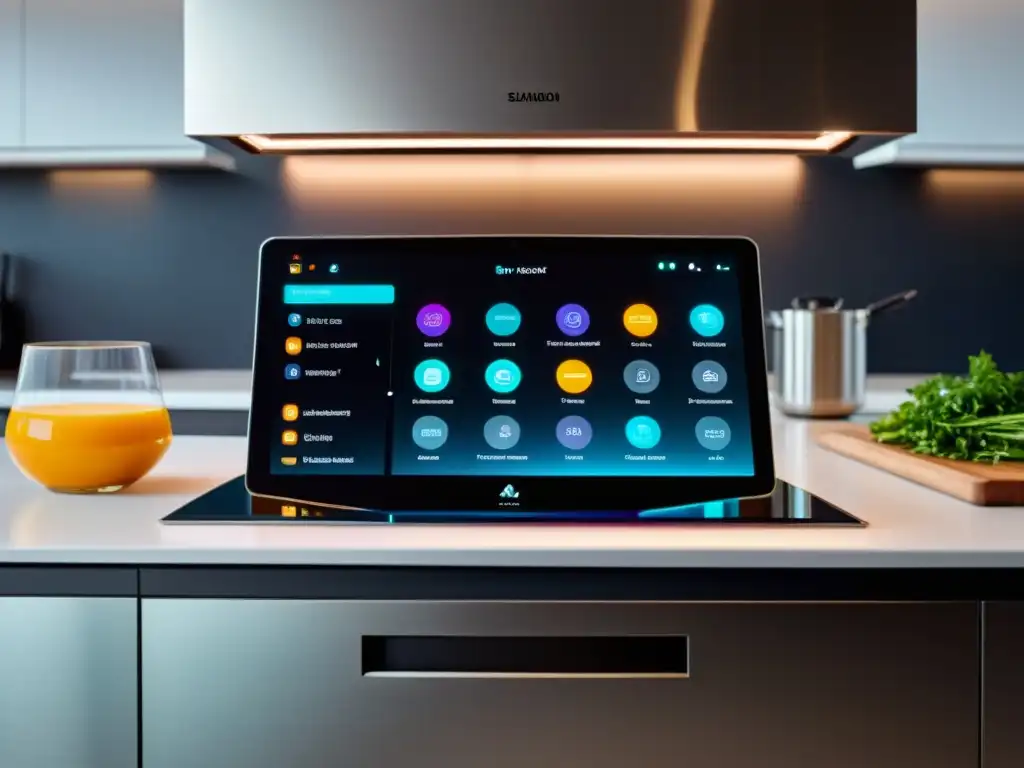 Cocina de lujo con asistente inteligente integrado en la encimera Un asistente de cocina de alta gama integrado en una cocina moderna y sofisticada