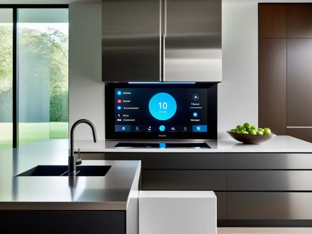 Cocina de lujo con asistente de alta tecnología integrado Un asistente de cocina de alta tecnología integrado en una cocina moderna y sofisticada