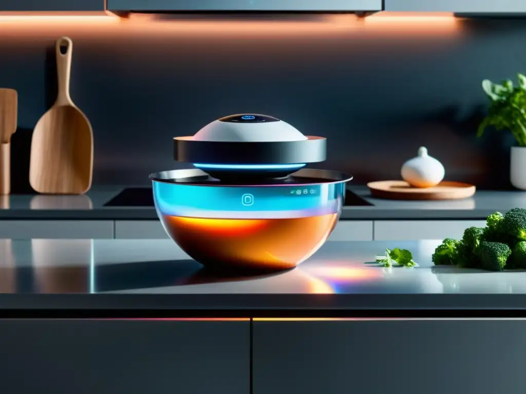 Cocina futurista con asistente inteligente y holograma Un asistente de cocina inteligente revoluciona la preparación de alimentos en una cocina futurista y sofisticada