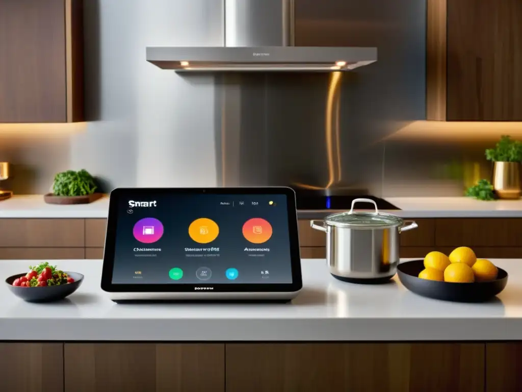 Cocina futurista con asistente inteligente preparando una comida gourmet Un asistente de cocina inteligente revolucionario prepara una comida gourmet mientras la familia disfruta en una cocina moderna
