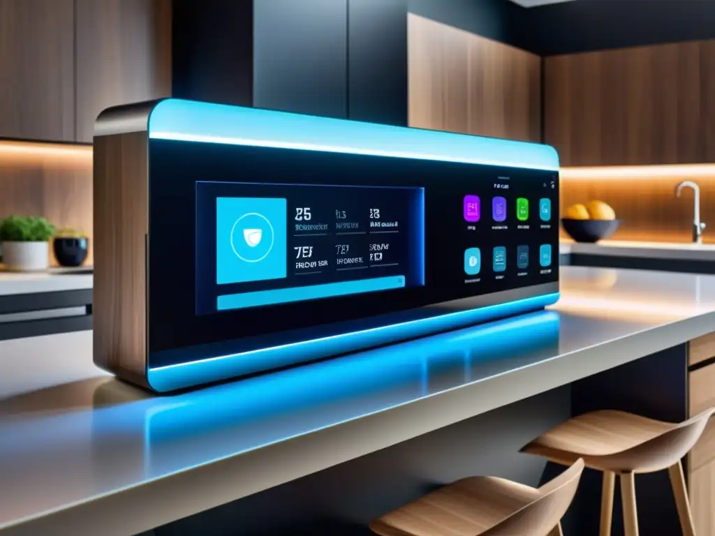Asistente de cocina inteligente: revolución en la preparación de alimentos Un asistente de cocina inteligente revolucionario en un ambiente futurista y acogedor con luces ambientales