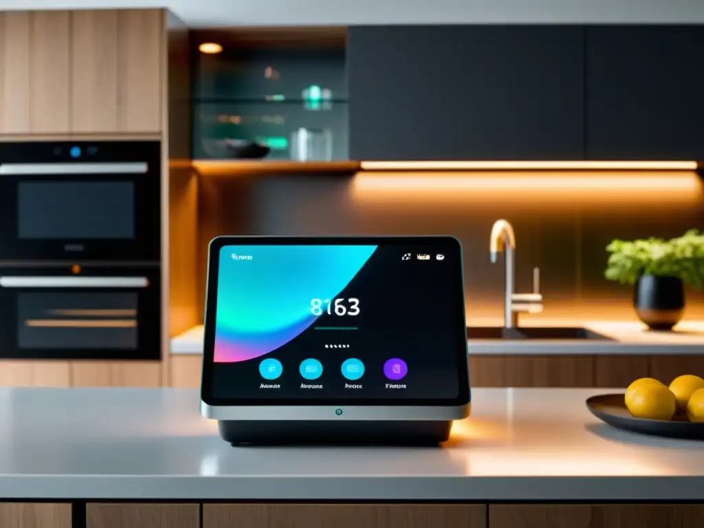Integración perfecta de asistente virtual en cocina moderna Un asistente doméstico virtual en tecnología, con un diseño futurista integrado en una cocina moderna, proyectando una interfaz holográfica personalizable y con capacidades de procesamiento de lenguaje natural