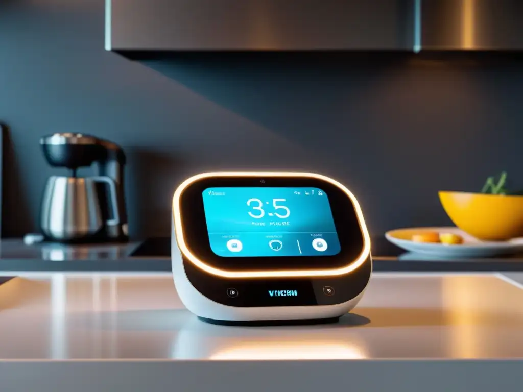 Asistente virtual futurista en cocina de alta tecnología Un asistente doméstico virtual en tecnología moderna en un ambiente futurista y acogedor de cocina