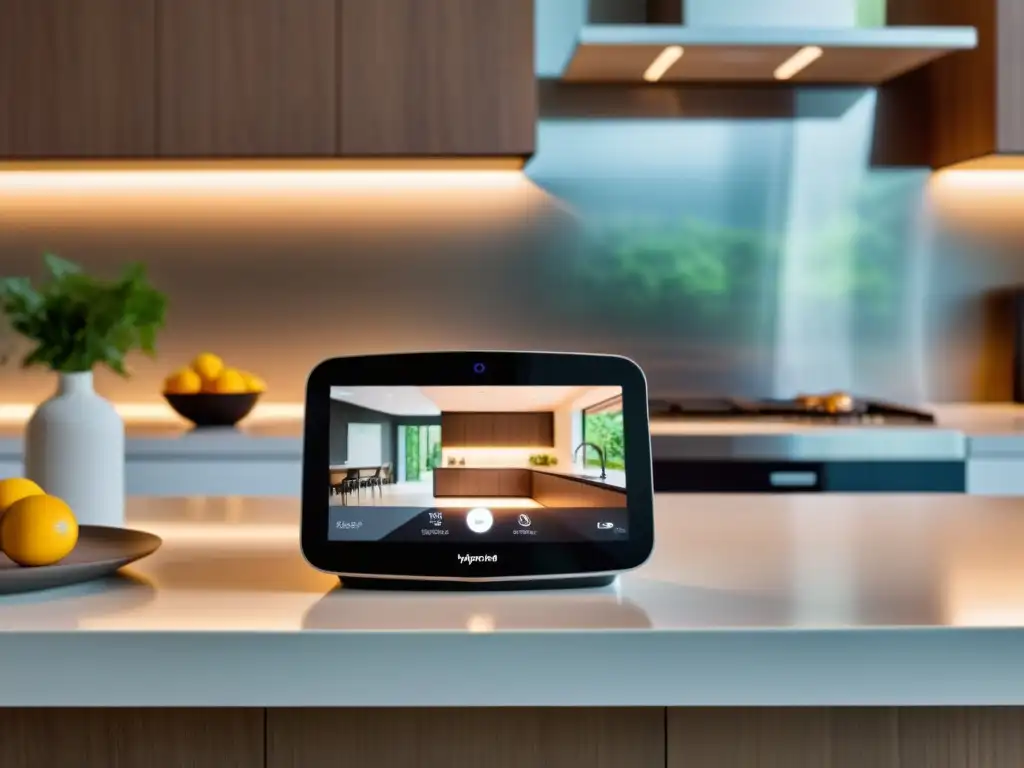 Un asistente virtual moderno monitorea la seguridad del hogar desde una elegante cocina minimalista, brindando tranquilidad con su suave luz
