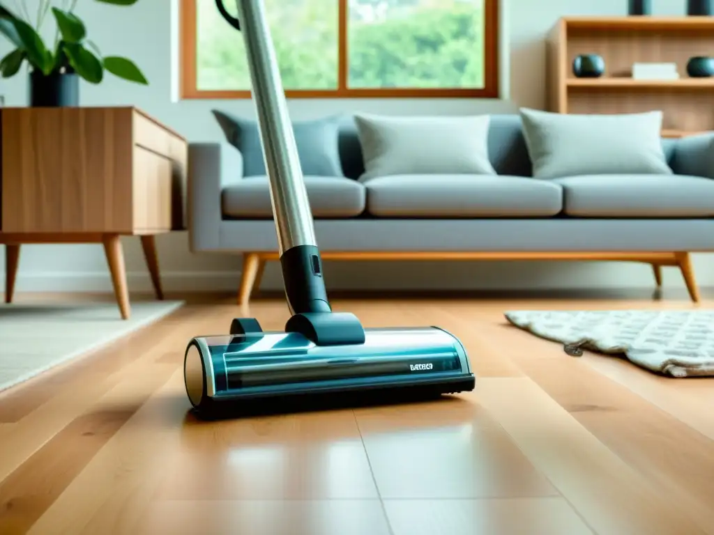 Aspiradora ecológica en acción en sala luminosa Un aspirador ecológico moderno en una sala amplia y luminosa