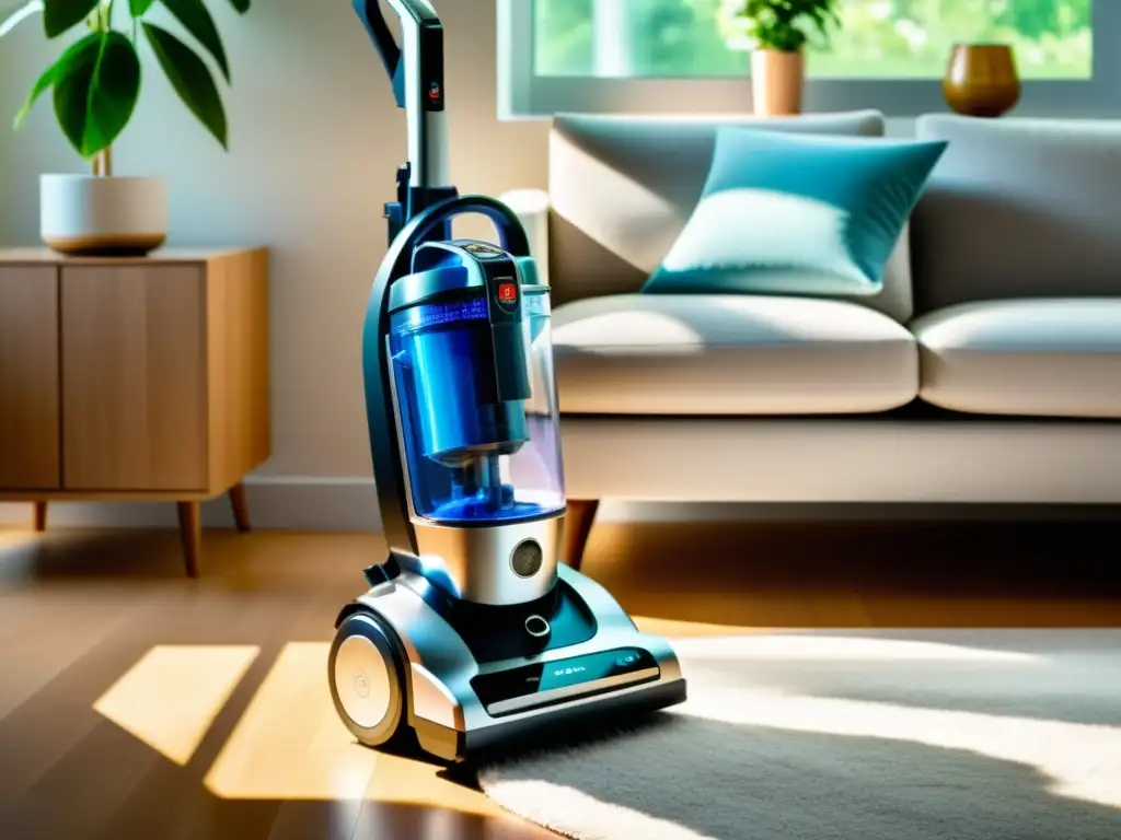 Vacuum moderno: limpieza eficiente y elegante en casa Un aspirador moderno y elegante en un ambiente luminoso, atrapando partículas de polvo