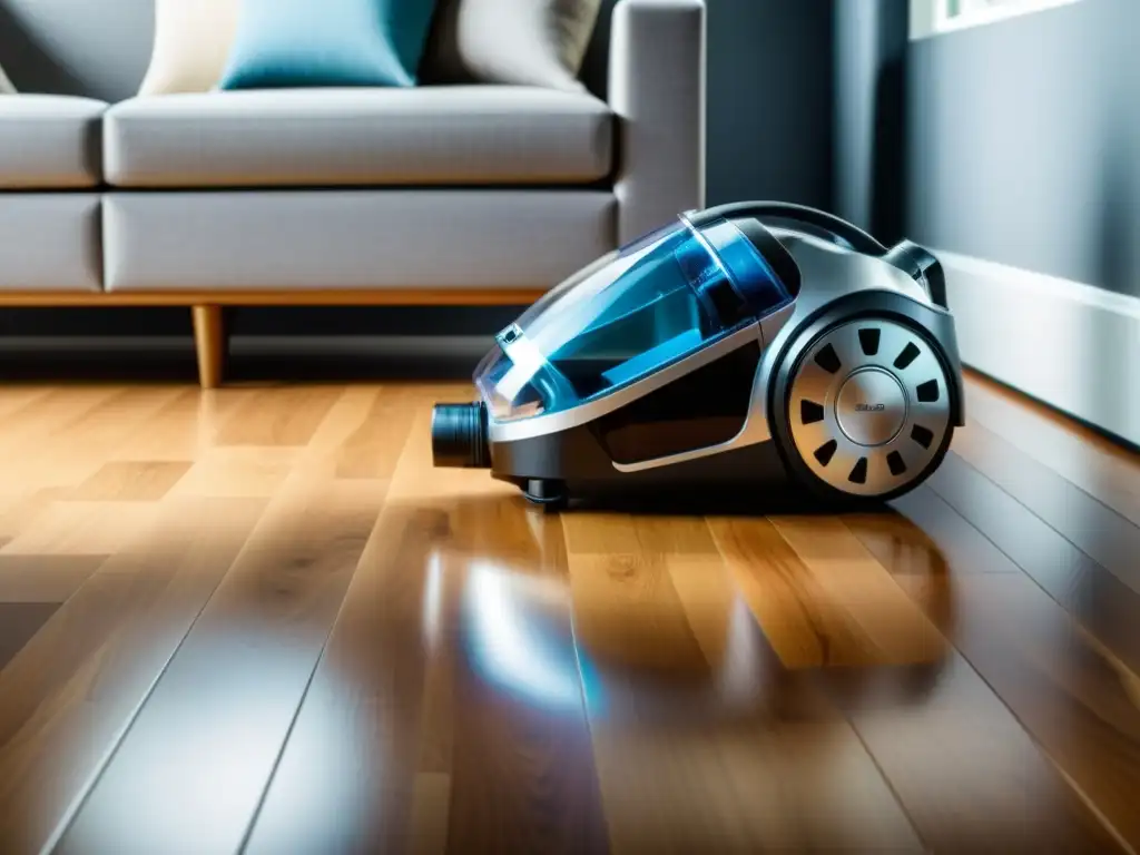 Potente aspiradora moderna en suelos de madera Un aspirador moderno y elegante en un hogar impecable, resaltando su papel como el mejor aspirador para un hogar saludable