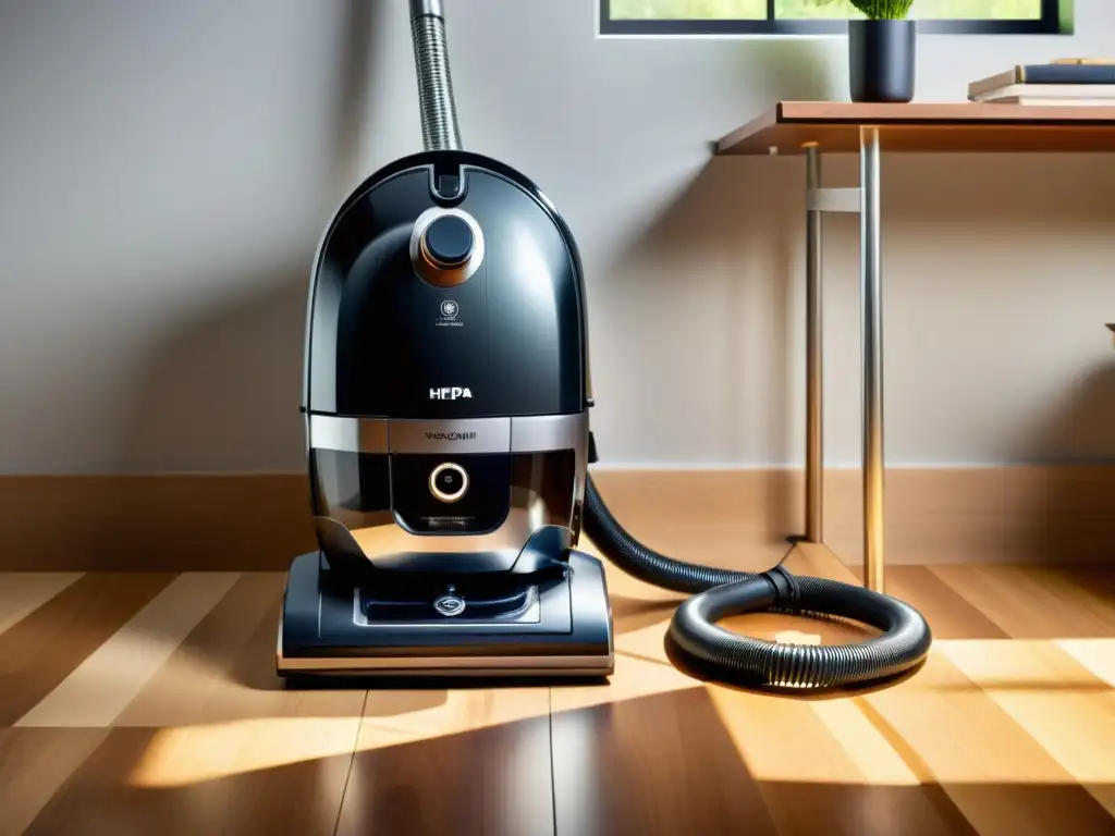 Potente aspiradora con filtro HEPA en elegante diseño negro mate Aspirador moderno con filtro HEPA en un suelo de madera, iluminado por la luz del sol