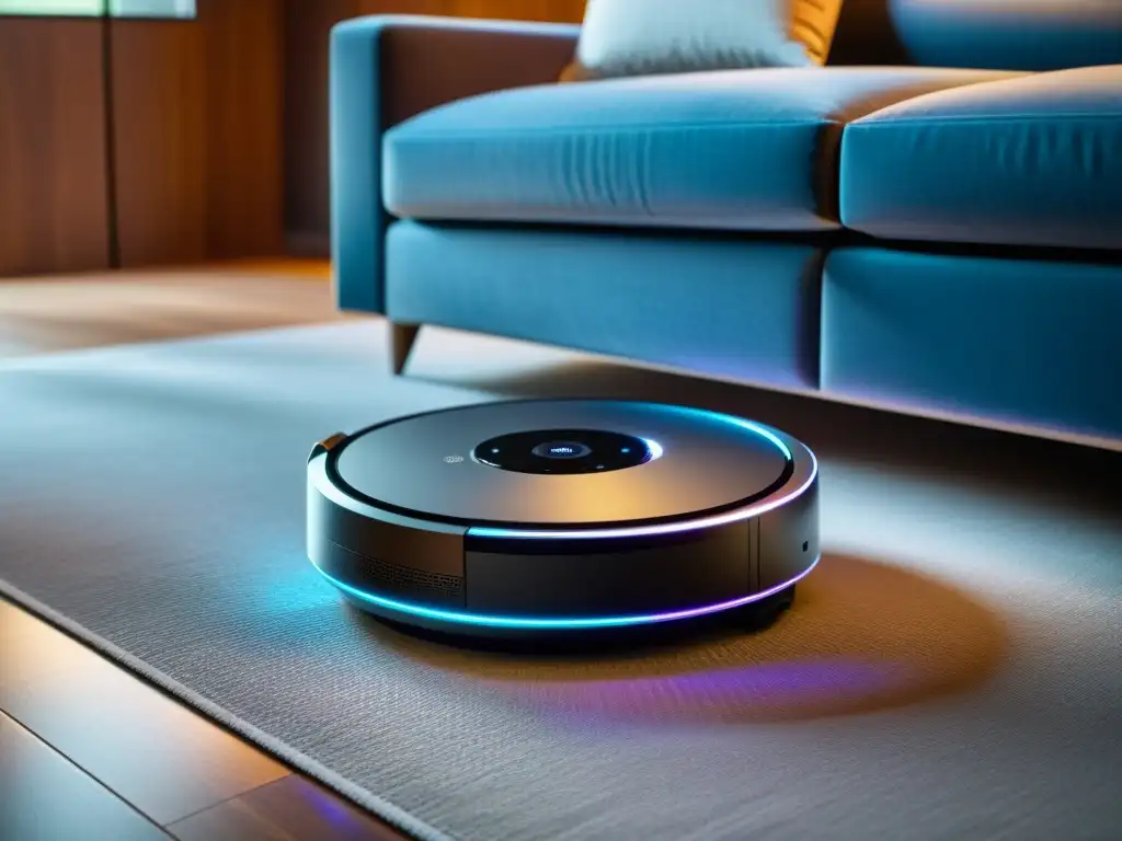 Potente robot aspirador 8k, elegante y eficiente en sala moderna Una aspiradora inteligente para el hogar navega con elegancia en una sala bien iluminada, complementando la decoración contemporánea
