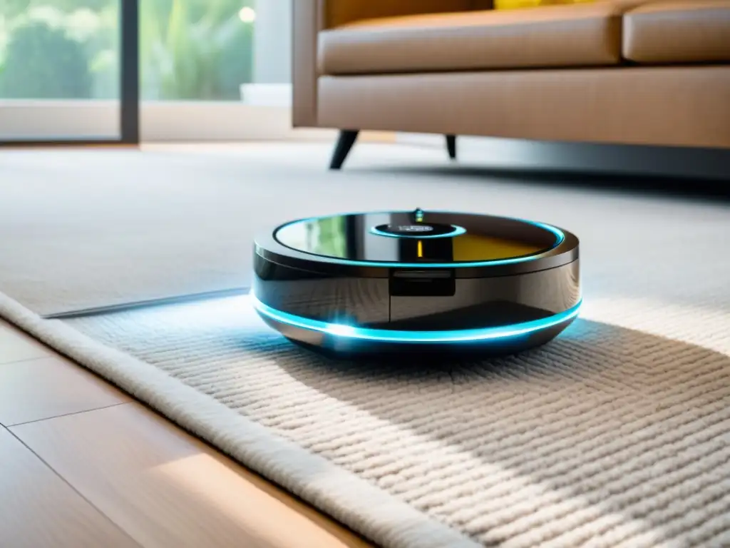 Smart vacuum moderno en elegante salón Aspiradora inteligente para el hogar en un elegante salón moderno con ambiente acogedor y luz natural