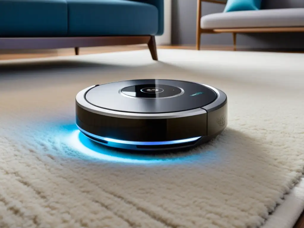 Robot aspirador inteligente: limpieza avanzada y elegante Una aspiradora inteligente para el hogar deslizándose sin esfuerzo sobre una alfombra mullida, con indicadores LED brillantes y un diseño sofisticado