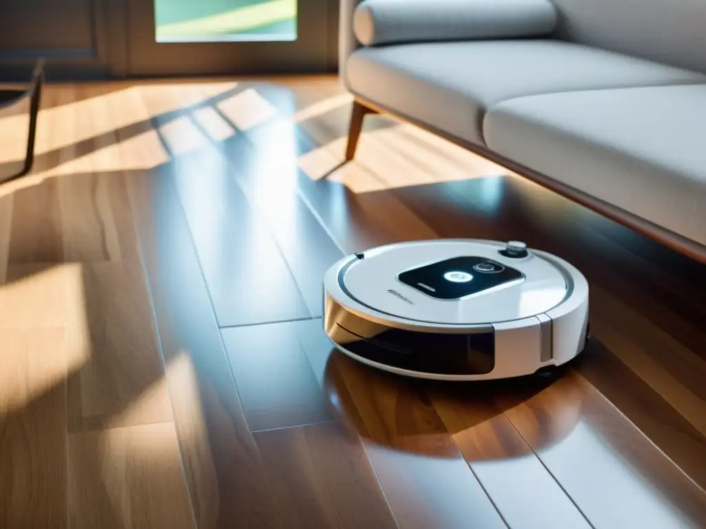 Robot aspirador de diseño futurista limpia con potencia Una aspiradora inteligente para el hogar de diseño futurista en un suelo de madera con luz solar