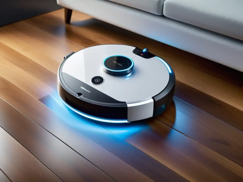 Aspiradora inteligente: limpieza futurista Una aspiradora inteligente para el hogar de diseño moderno y elegante, deslizándose suavemente sobre un suelo de madera con un brillo LED, dejando un rastro de limpieza impecable a su paso