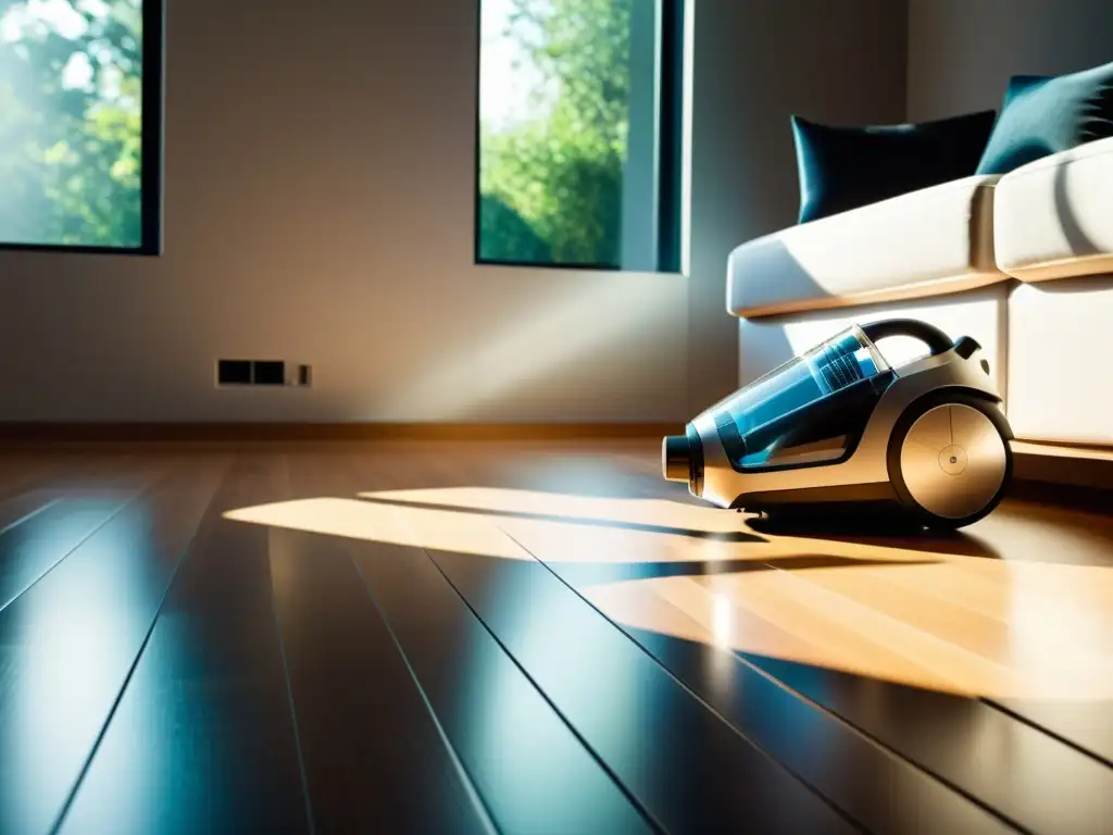 Potente aspiradora transparente para un hogar moderno Una aspiradora moderna en un elegante salón minimalista con tecnología de vanguardia