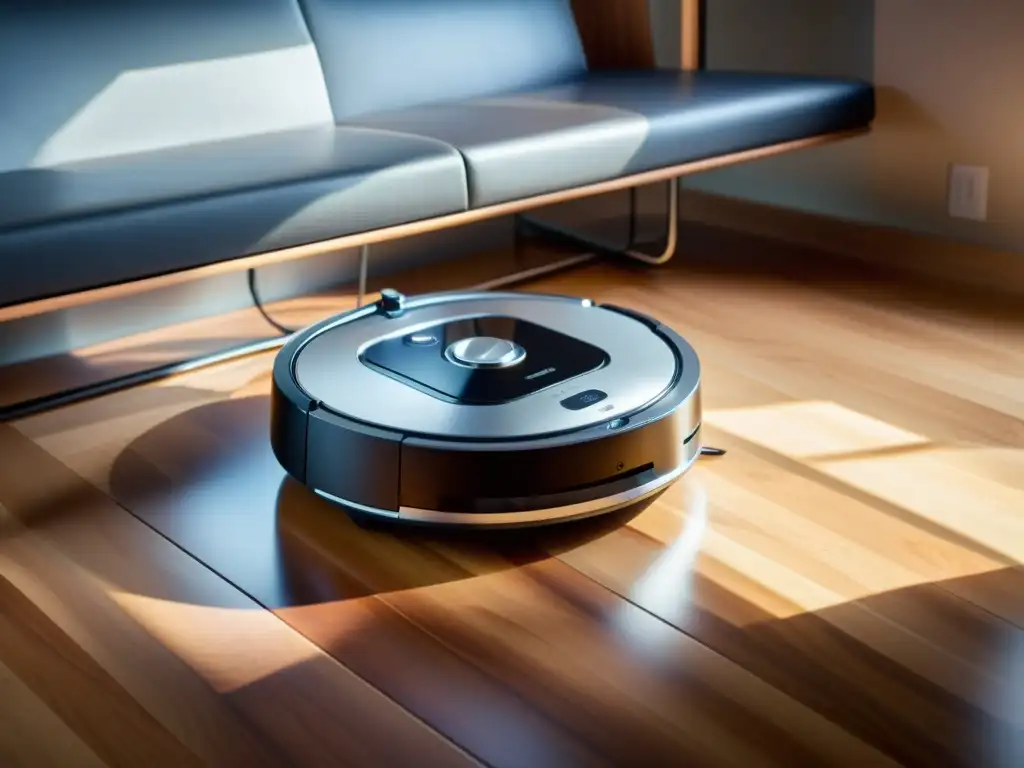 Aspiradora robotizada de alta tecnología, deslizándose suavemente en un piso de madera, iluminando la habitación con estilo futurista