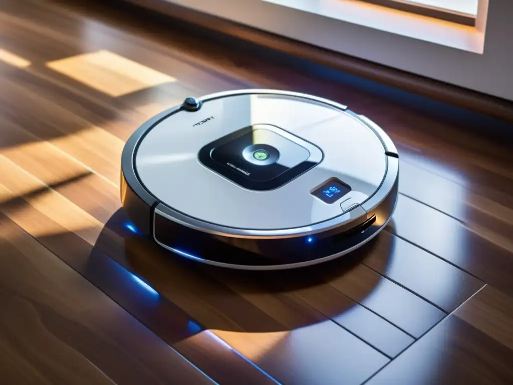 Aspiradora robotizada blanca navegando con elegancia en piso de madera, iluminada por el sol