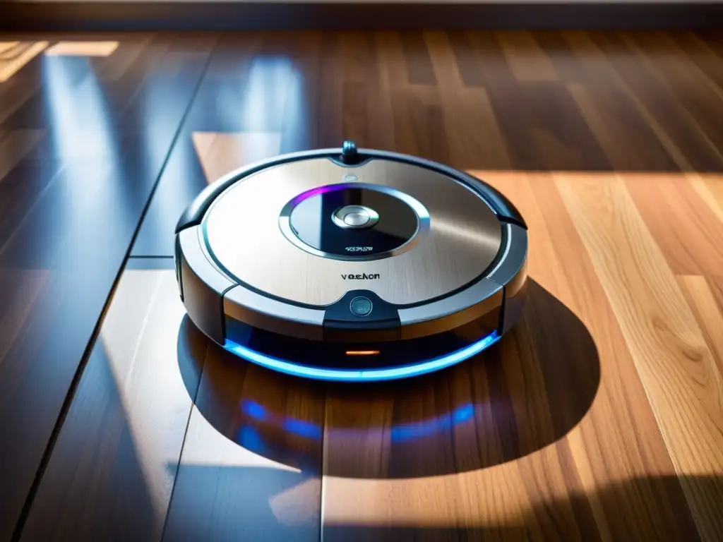Aspiradora robotizada de diseño moderno deslizándose sin esfuerzo por el suelo de madera, mostrando su eficiencia y elegancia futurista
