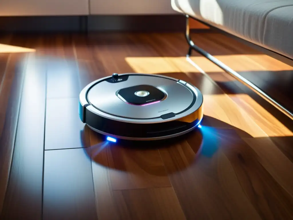 Una aspiradora robotizada moderna y elegante se desliza sin esfuerzo por un suelo de madera, mostrando sus sensores y cepillos mientras navega con precisión alrededor de los muebles
