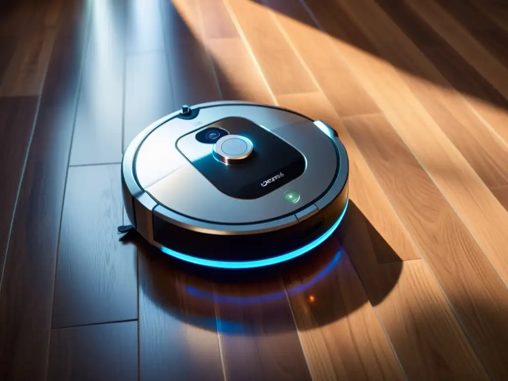 Una aspiradora robotizada moderna y elegante deslizándose suavemente por un piso de madera, iluminando el camino con luces LED suaves