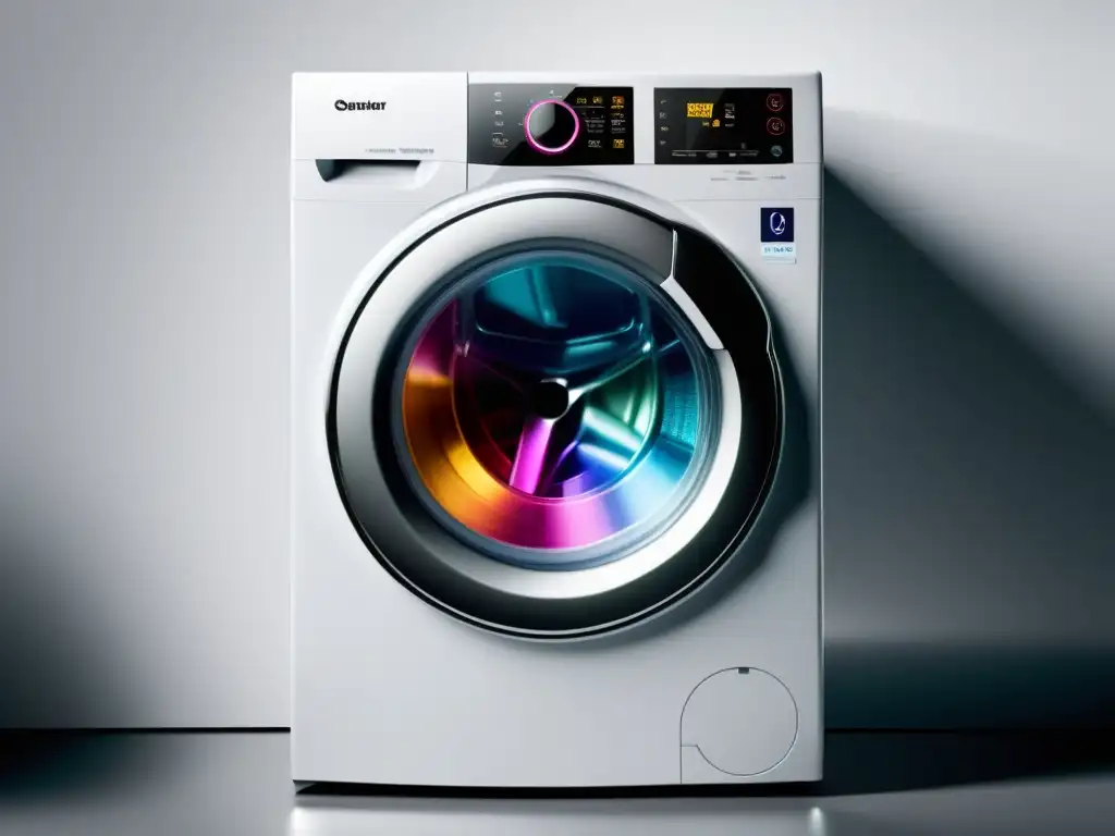 Lavadora automática moderna con puerta transparente y colada colorida Tecnología lavarropas automático hogar: Lavadora moderna con puerta transparente y colada colorida, iluminada por luz natural en fondo blanco