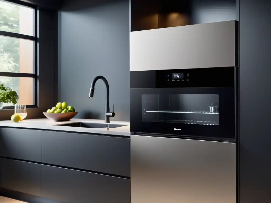 Cocina moderna con electrodomésticos autónomos integrados Avances electrodomésticos autónomos hogar inteligente: Cocina moderna con electrodomésticos integrados y ambiente acogedor de alta tecnología