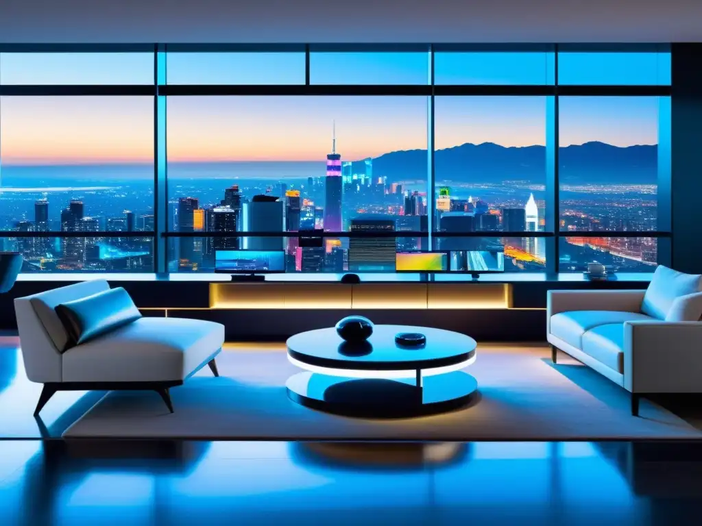 Avances tecnológicos para hogar: Sala futurista con dispositivos inteligentes, TV OLED transparente y vistas a la ciudad