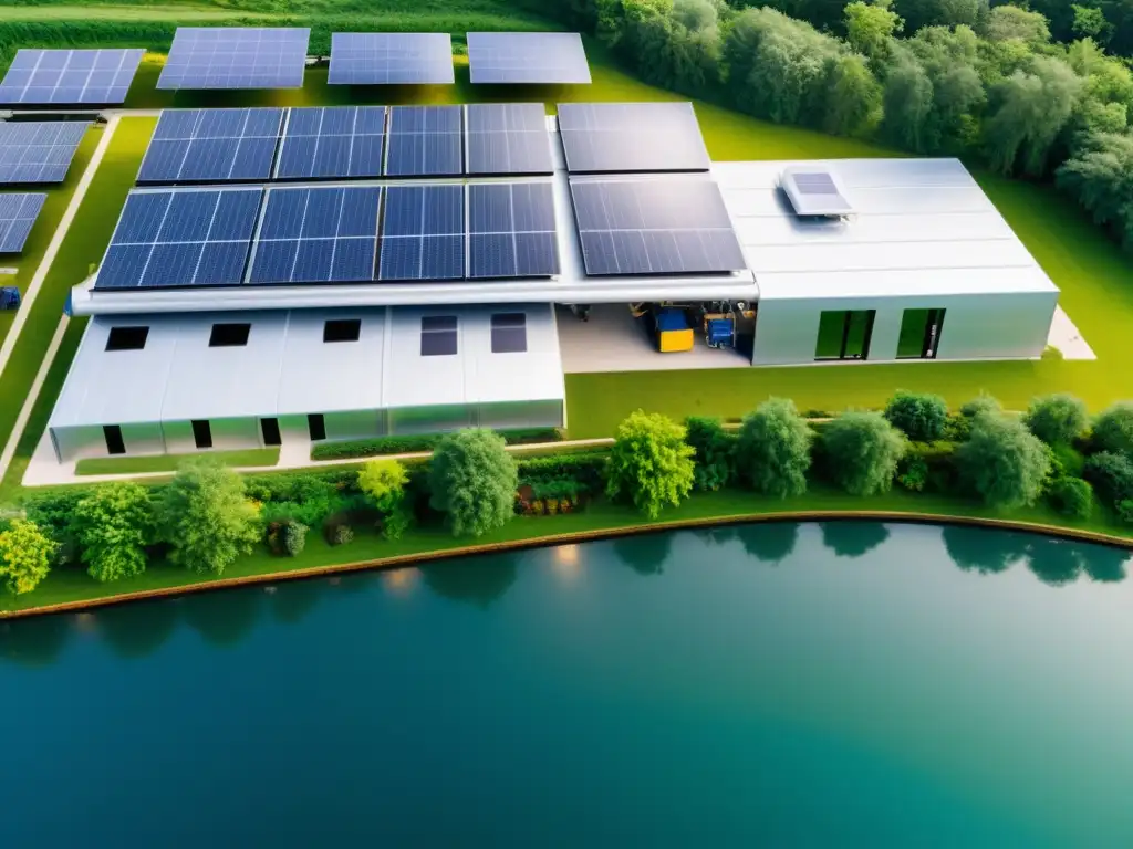 Avanzada tecnología de reciclaje electrodomésticos en instalación futurista, sostenible y ecoamigable con naturaleza exuberante y paneles solares