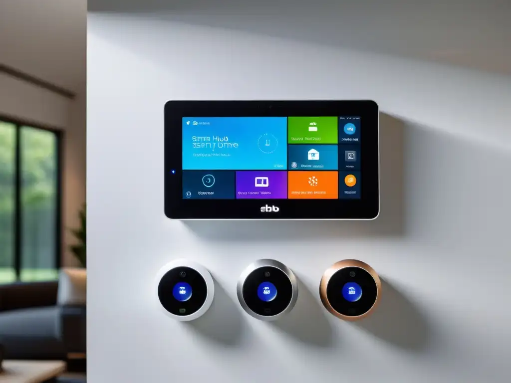 Avanzado sistema de seguridad para hogar con asistentes virtuales, dispositivos modernos y elegante integración en ambiente contemporáneo
